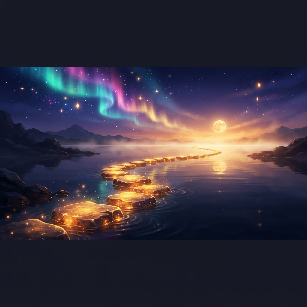 Glowing gold stepping stones curving across a dark navy sea toward a warm horizon, lit by a vivid aurora