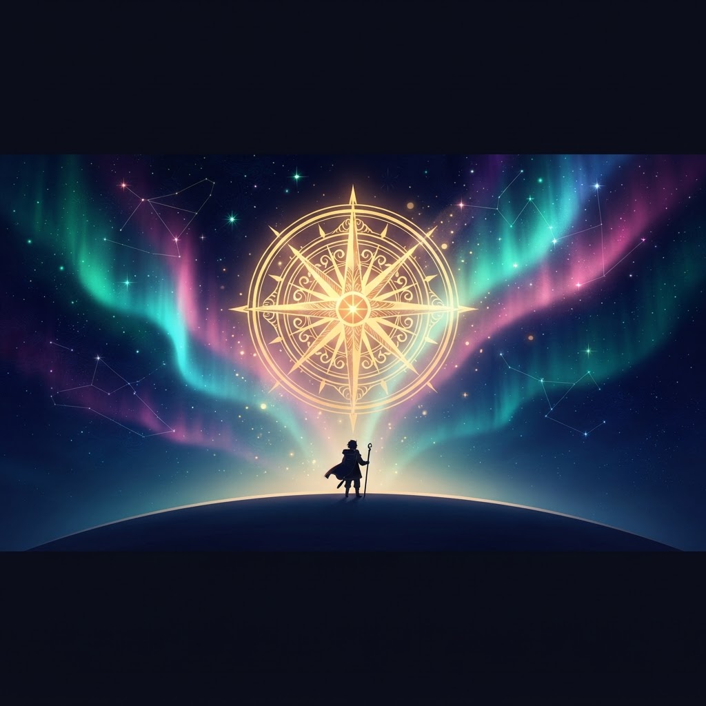 A student standing at a navy horizon beneath a glowing gold compass rose amid a vibrant aurora