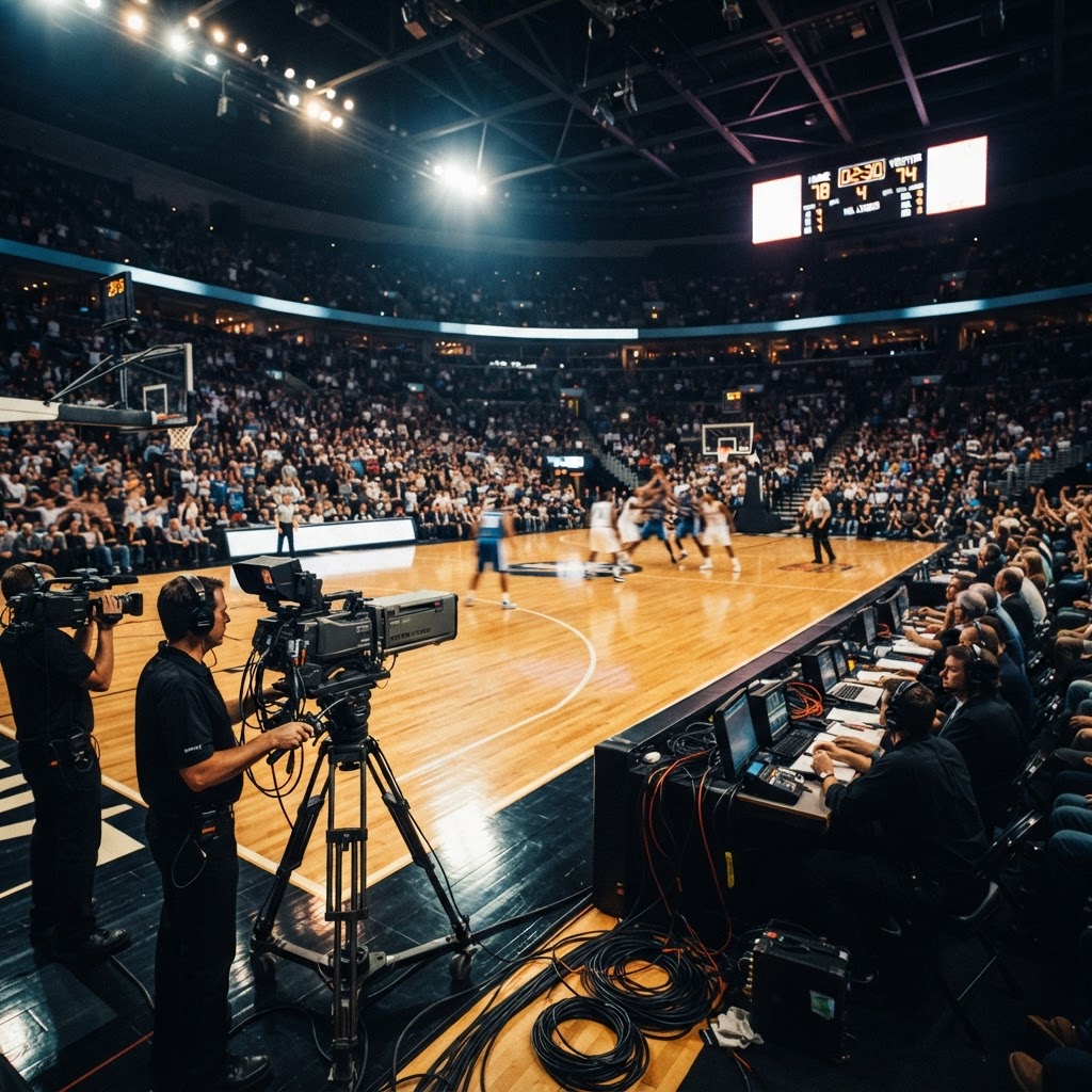 Basketball arena during live broadcast with professional camera operators