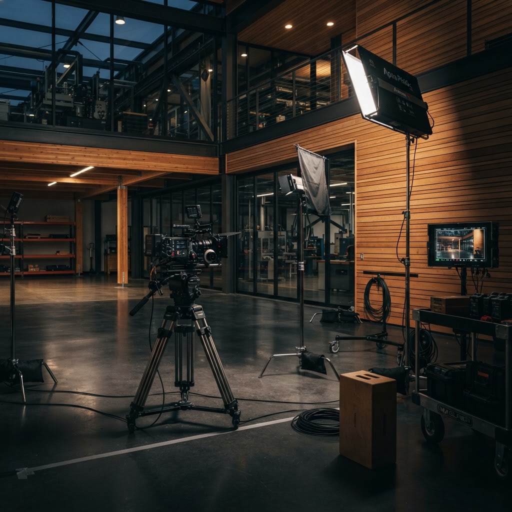 Behind the scenes of a corporate video shoot in a modern factory