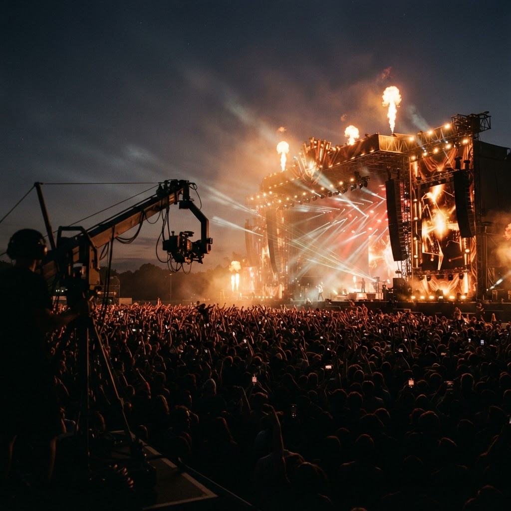 Outdoor music festival at dusk with dramatic stage lighting and pyrotechnics