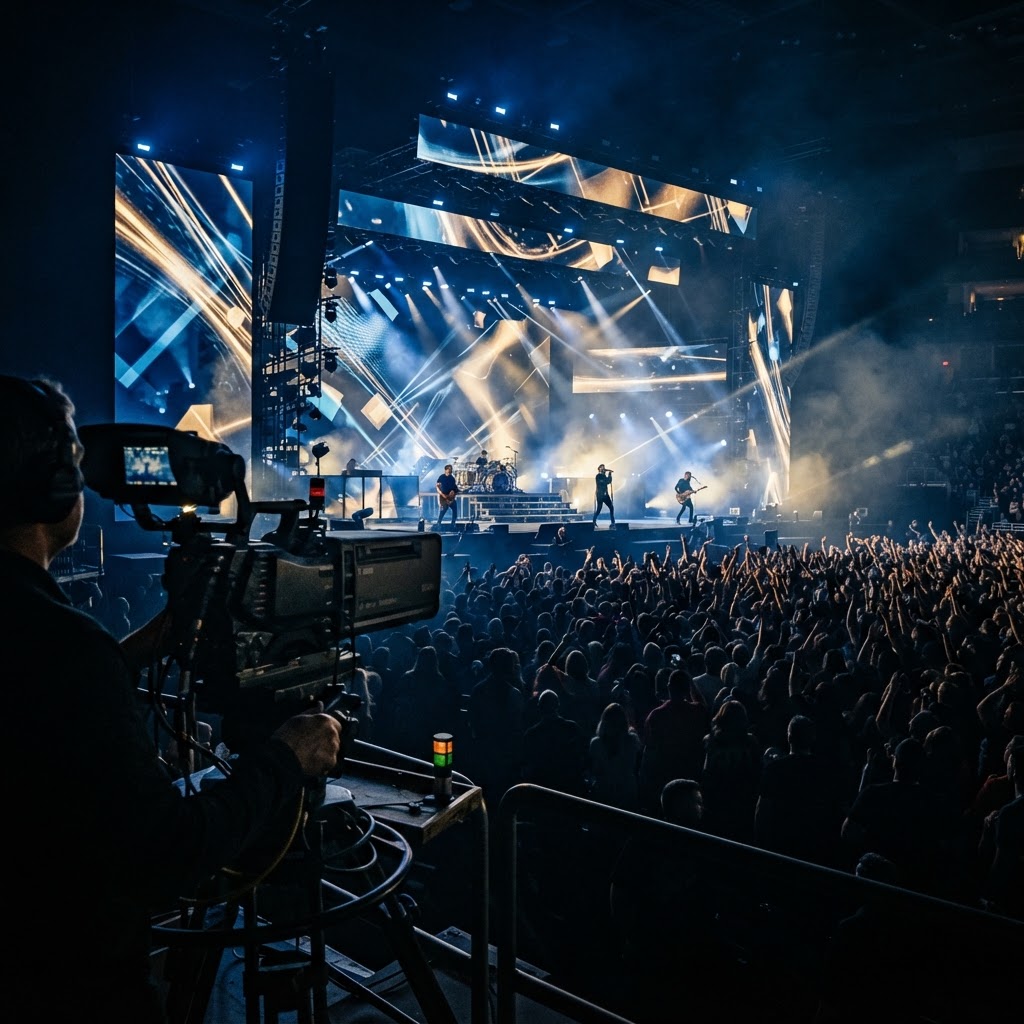 Music concert stage with dramatic lighting and a professional broadcast camera — showcasing Joglo Satu Media's production capabilities