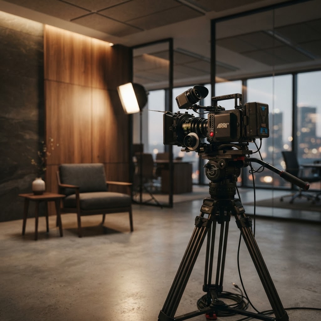 Professional video production set in a modern office space