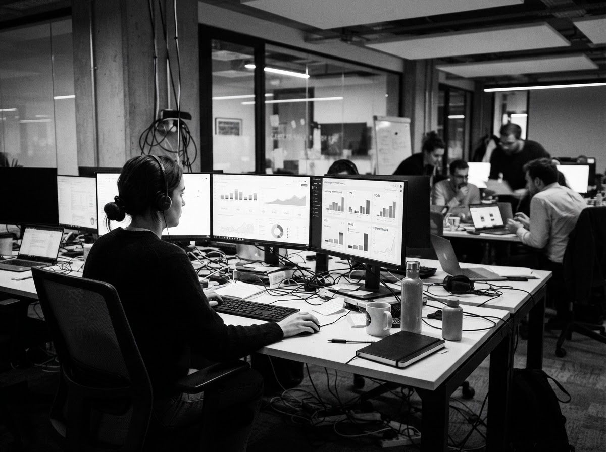 Marketing professional analyzing campaign data on multiple screens