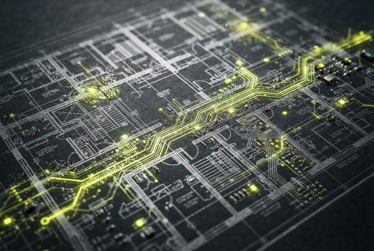 Architectural blueprint with digital circuit patterns