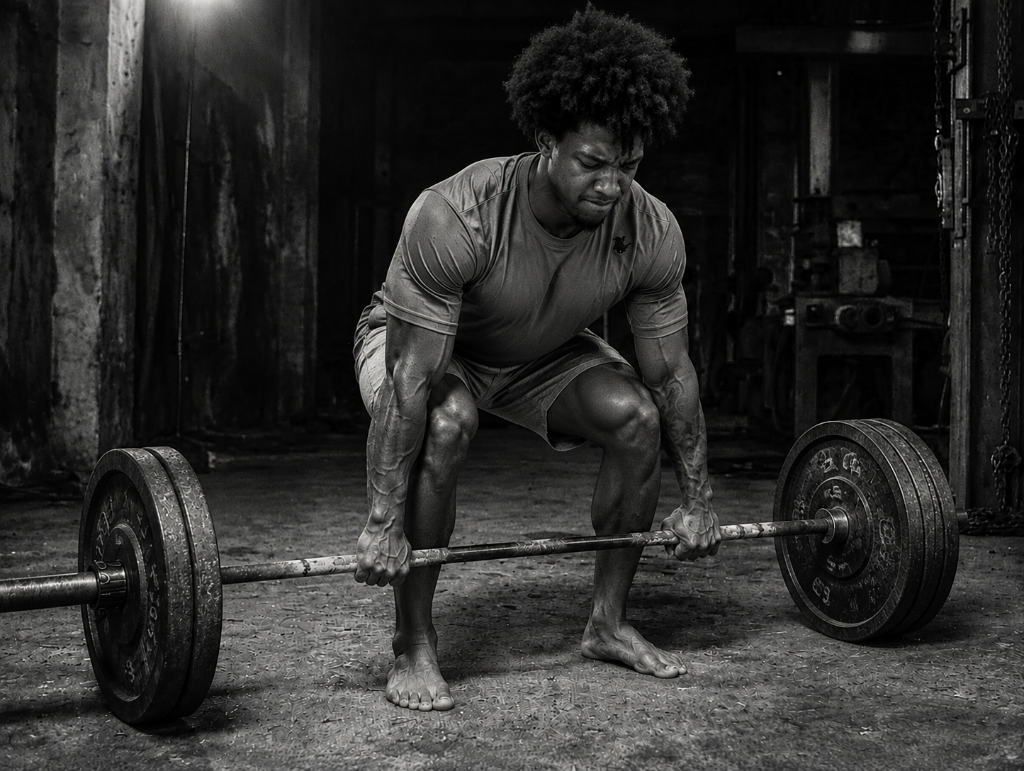 Athlete in industrial warehouse preparing for a lift