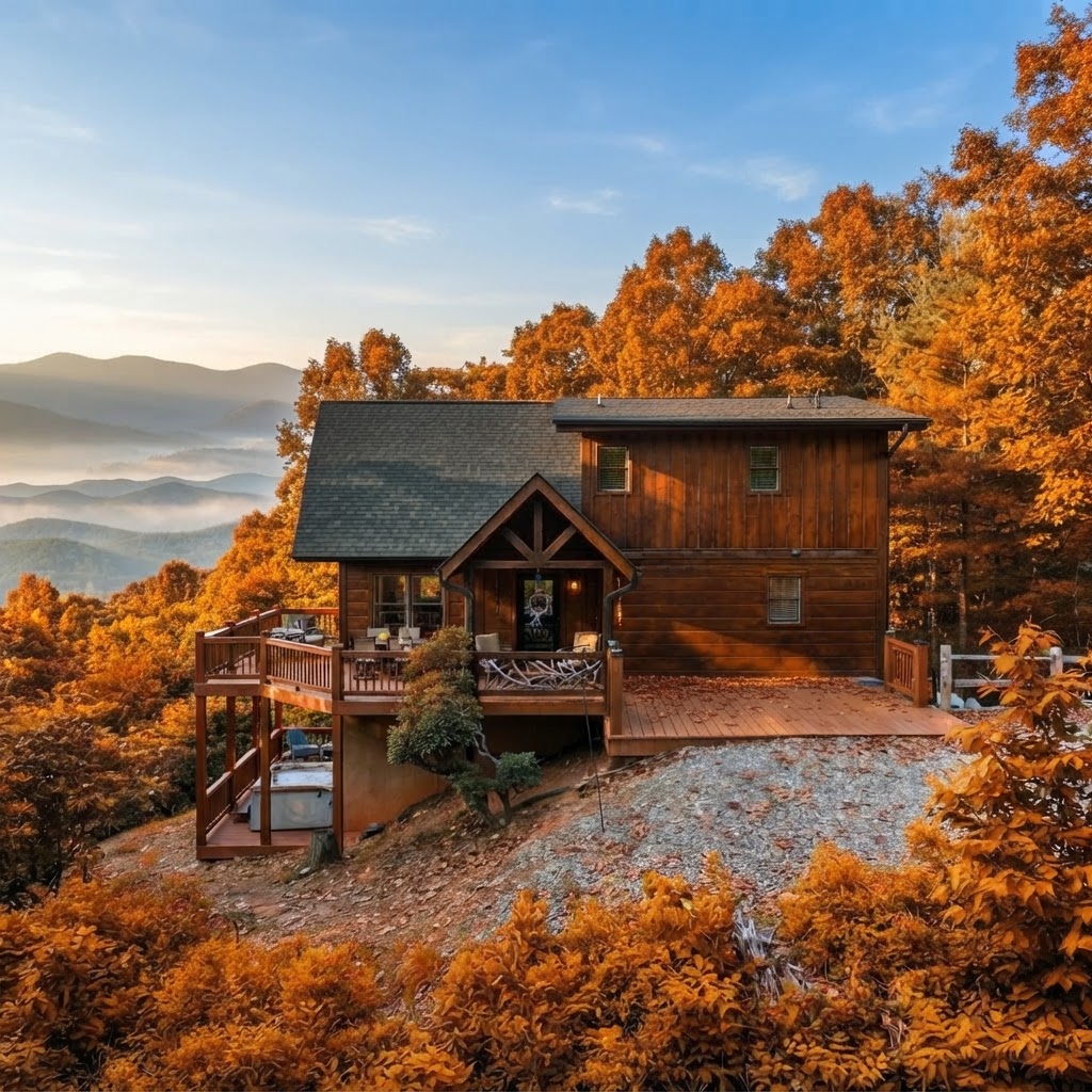 Pine Cone Peaks luxury mountain cabin surrounded by peak autumn foliage in the Blue Ridge Mountains