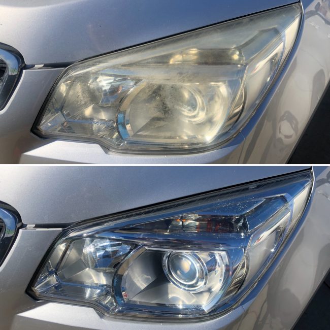 Before and after headlight restoration on a silver vehicle