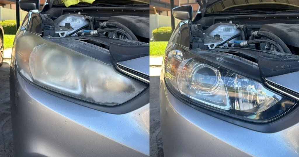 Before and after headlight restoration on a silver sedan