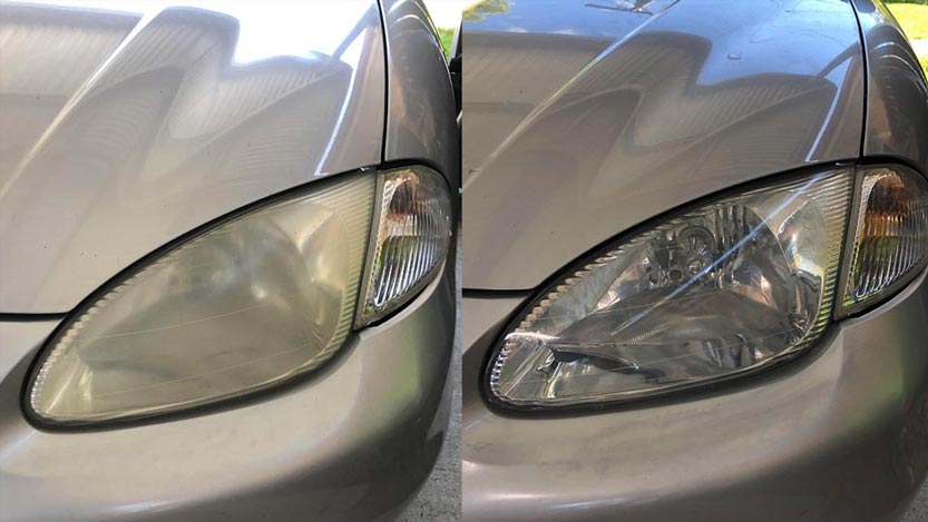 Before and after headlight restoration on a champagne vehicle