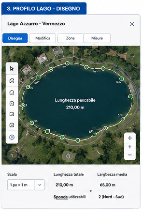 Profilo lago - disegno su vista satellite con perimetro e picchetti
