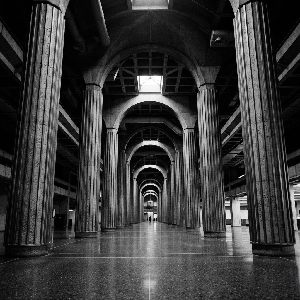 Endless row of polished metallic columns in a modern corporate building