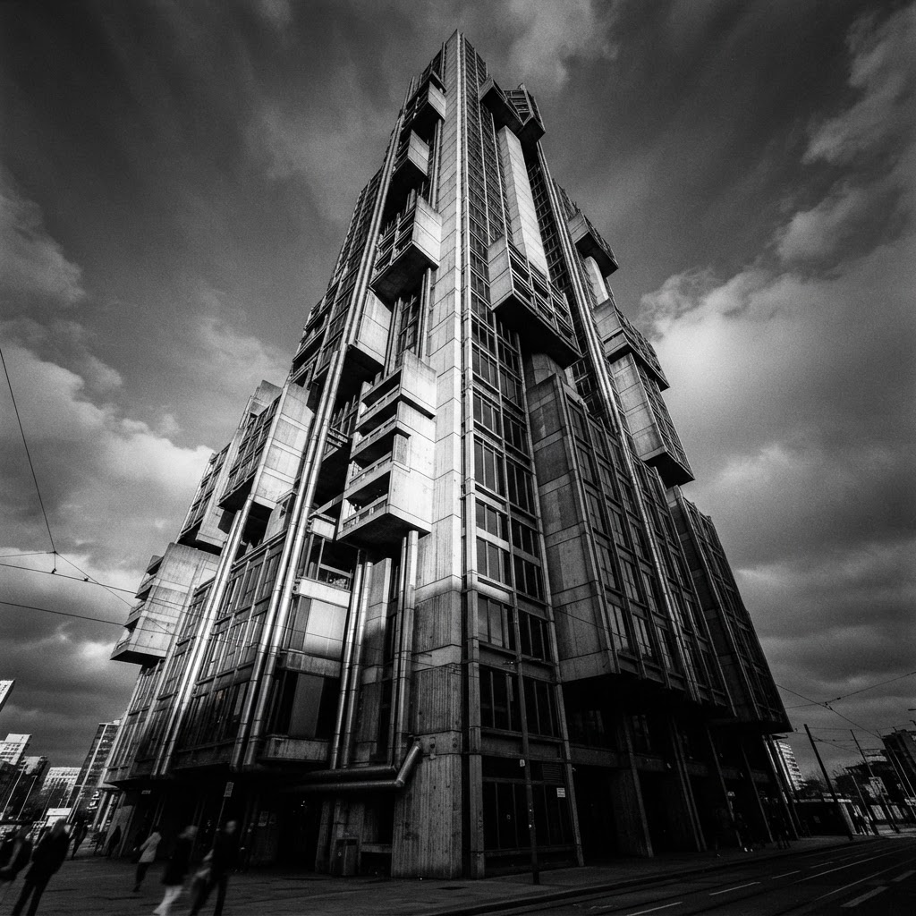 Modern concrete and glass skyscraper from below