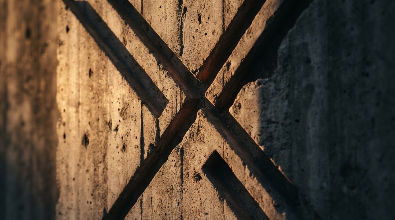 Abstract close-up of raw concrete wall texture with deep geometric grooves and dramatic side lighting