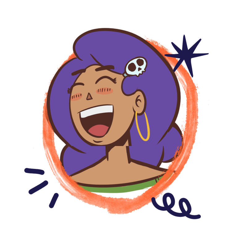 Tía Marisol — a magical guide with purple hair, a skull hairclip, and a warm laugh