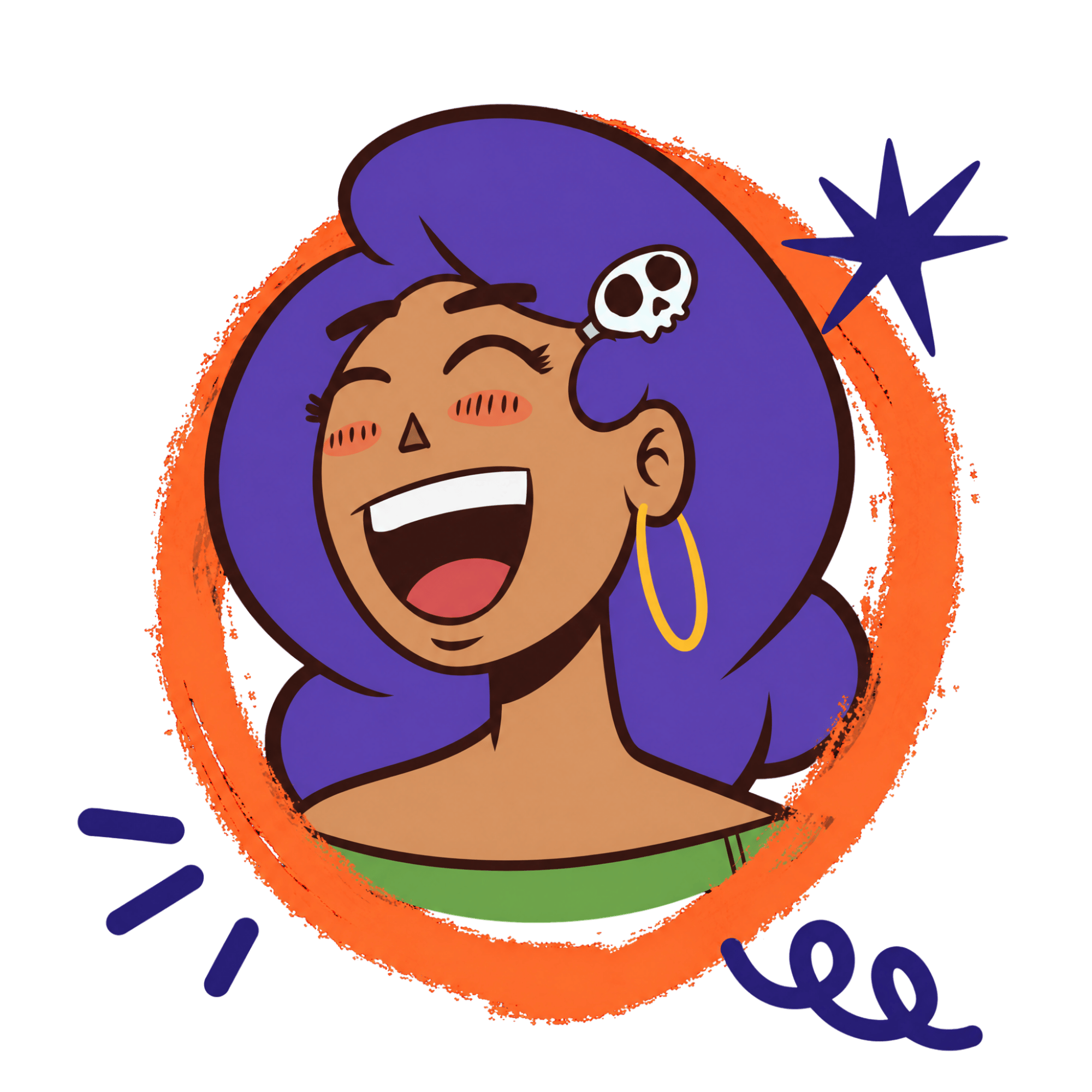 Tía Marisol — a magical guide with purple hair, a skull hairclip, and a warm laugh