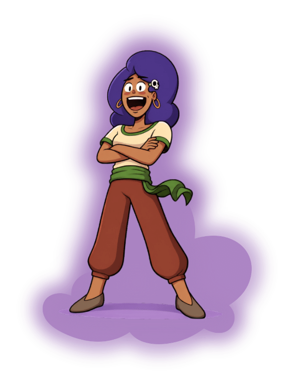 Tía Marisol character expressions — purple hair, skull hairclip Cali, warm smile