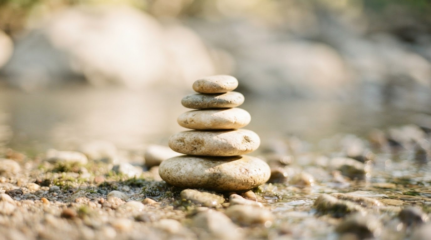 Balanced river stones in warm light