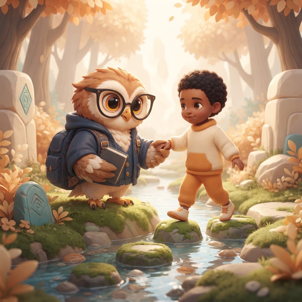 A Scout owl patiently helping a learner over a small obstacle on the learning trail