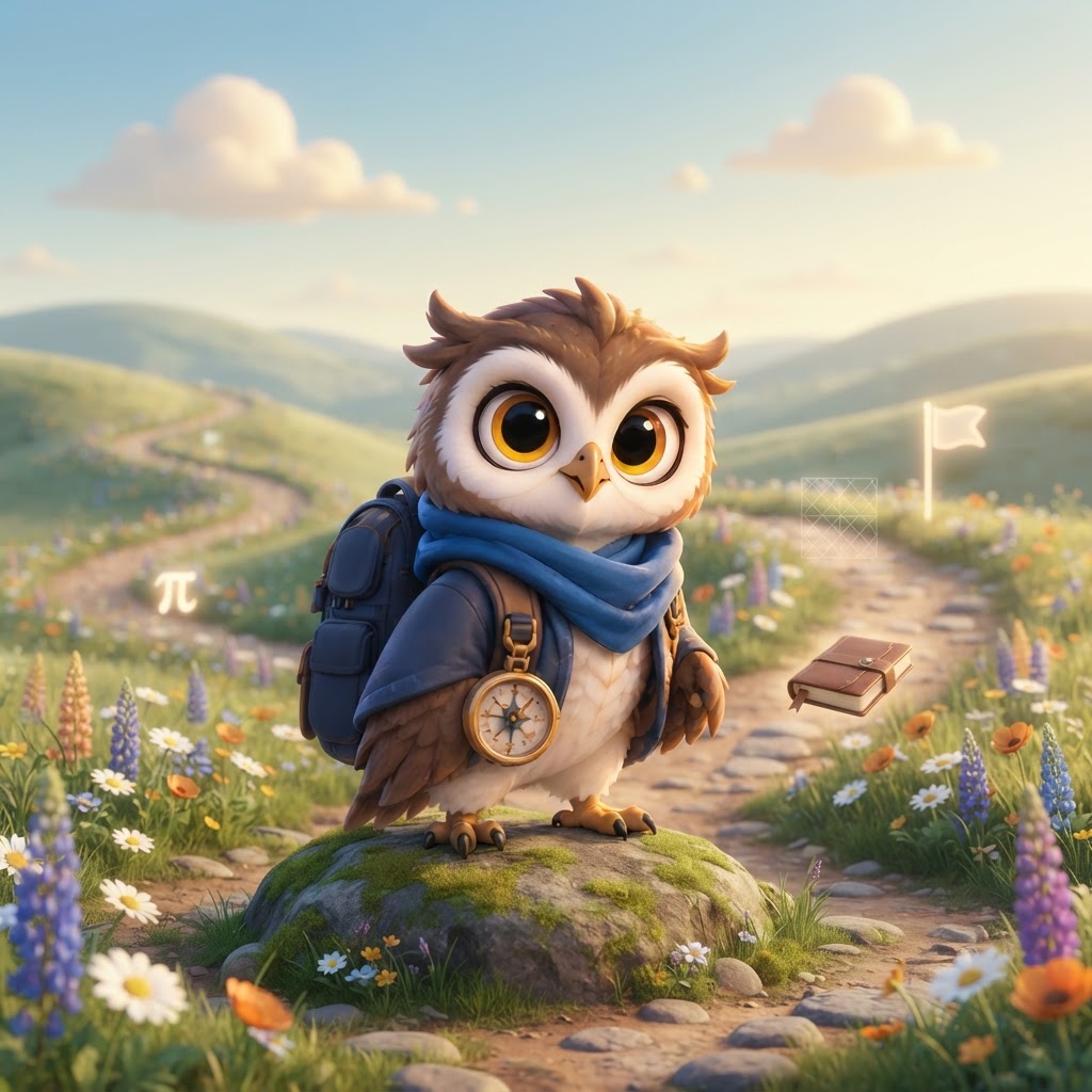 A Scout owl guide at the start of a learning trail through gentle hills