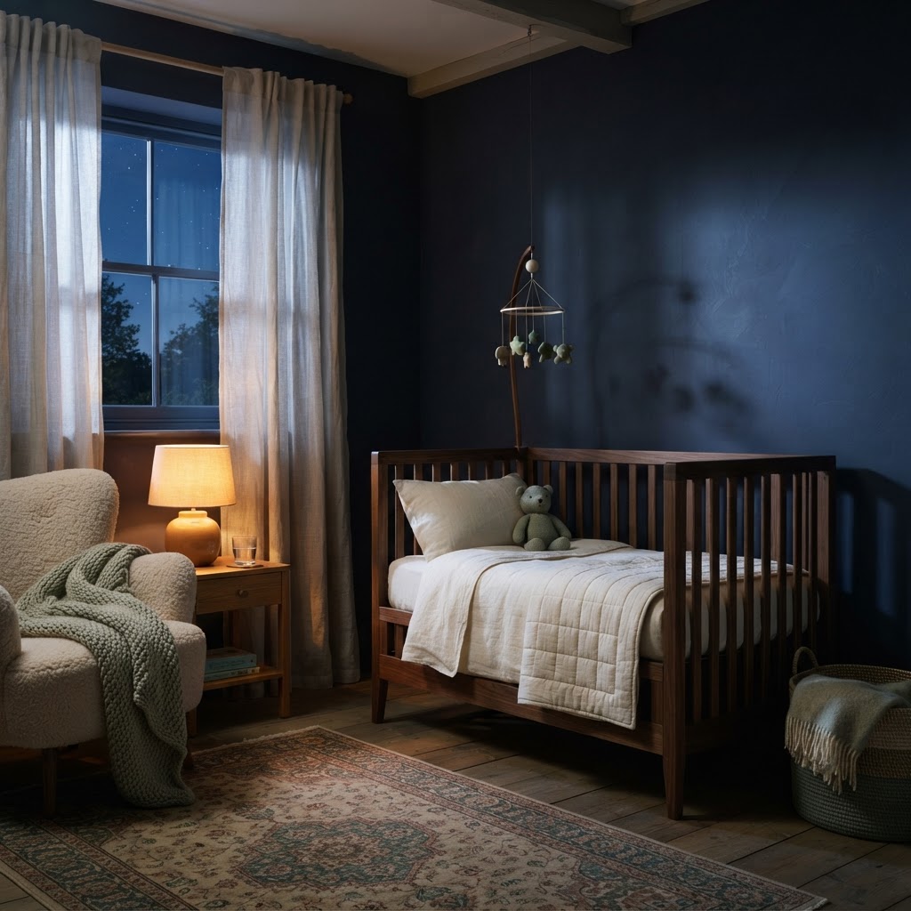 A serene bedroom at dusk with warm amber light and cream linens