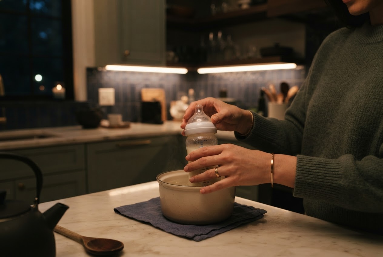 Gentle hands warming a bottle in a dimly lit kitchen at night