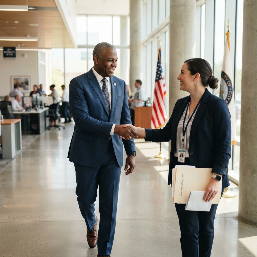Interim city manager greeting government staff in a city hall corridor