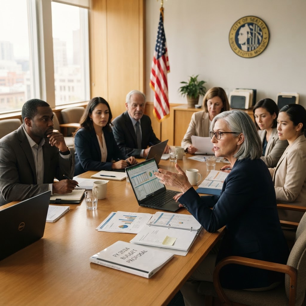 Government staff and interim executives in a budget meeting