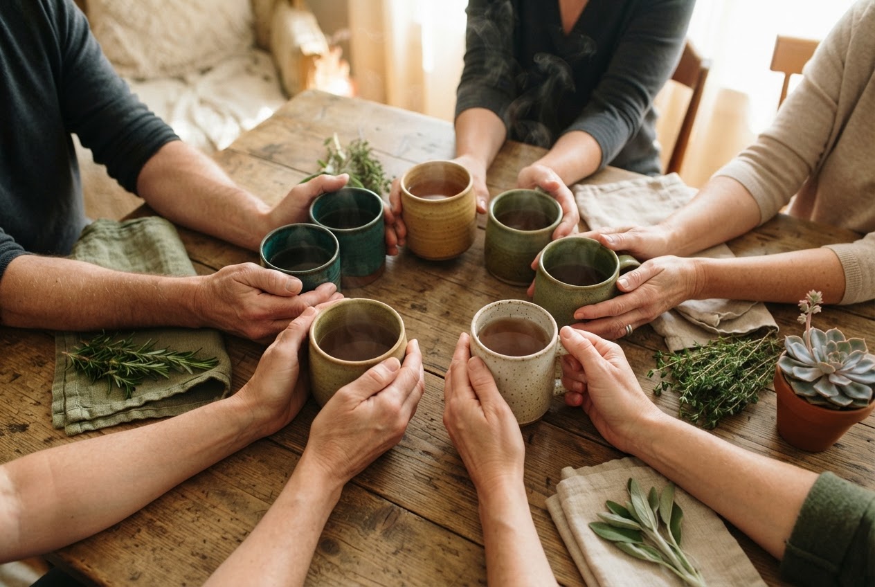 Hands holding warm mugs around a communal table with herbs and a succulent
