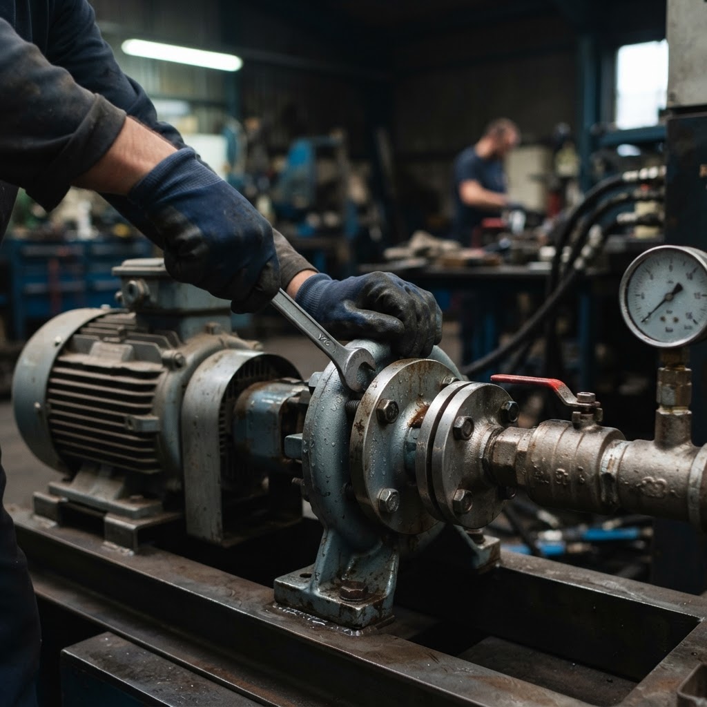 Close-up of an industrial centrifugal pump and electric motor being serviced with a spanner