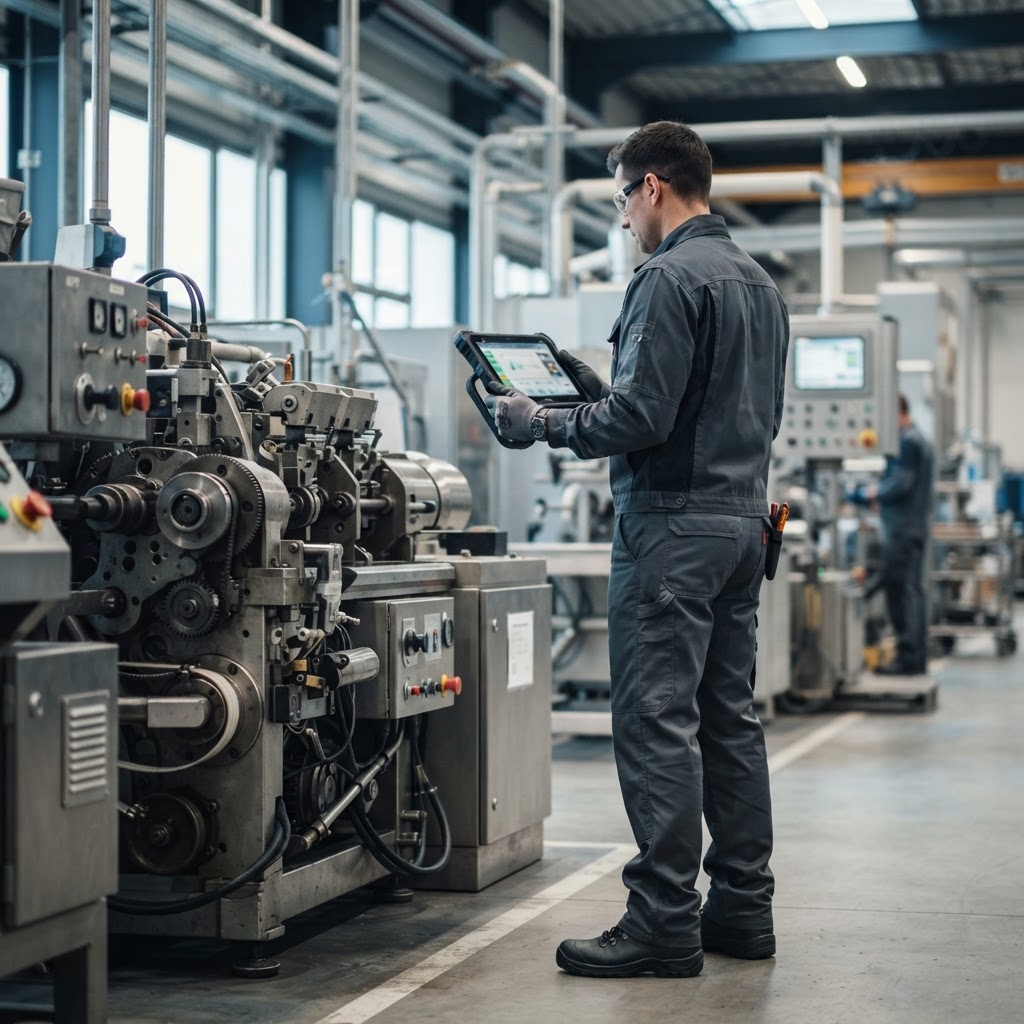 Maintenance technician using a tablet while inspecting industrial equipment