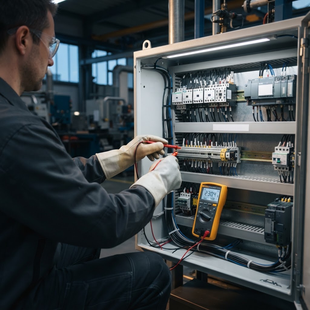 Electrical technician testing an industrial control cabinet with a digital multimeter