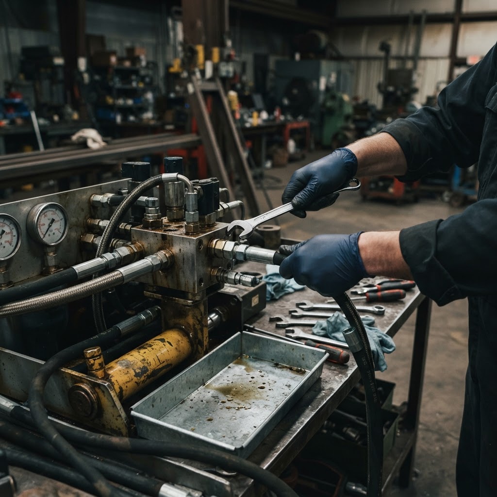 Technician inspecting hydraulic hoses and a manifold block on an industrial hydraulic power unit
