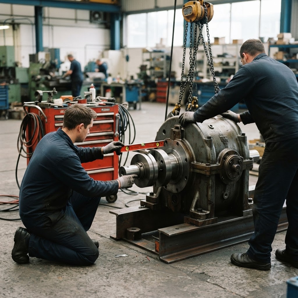 Mechanical fitters installing and aligning an industrial gearbox and coupling on a factory floor