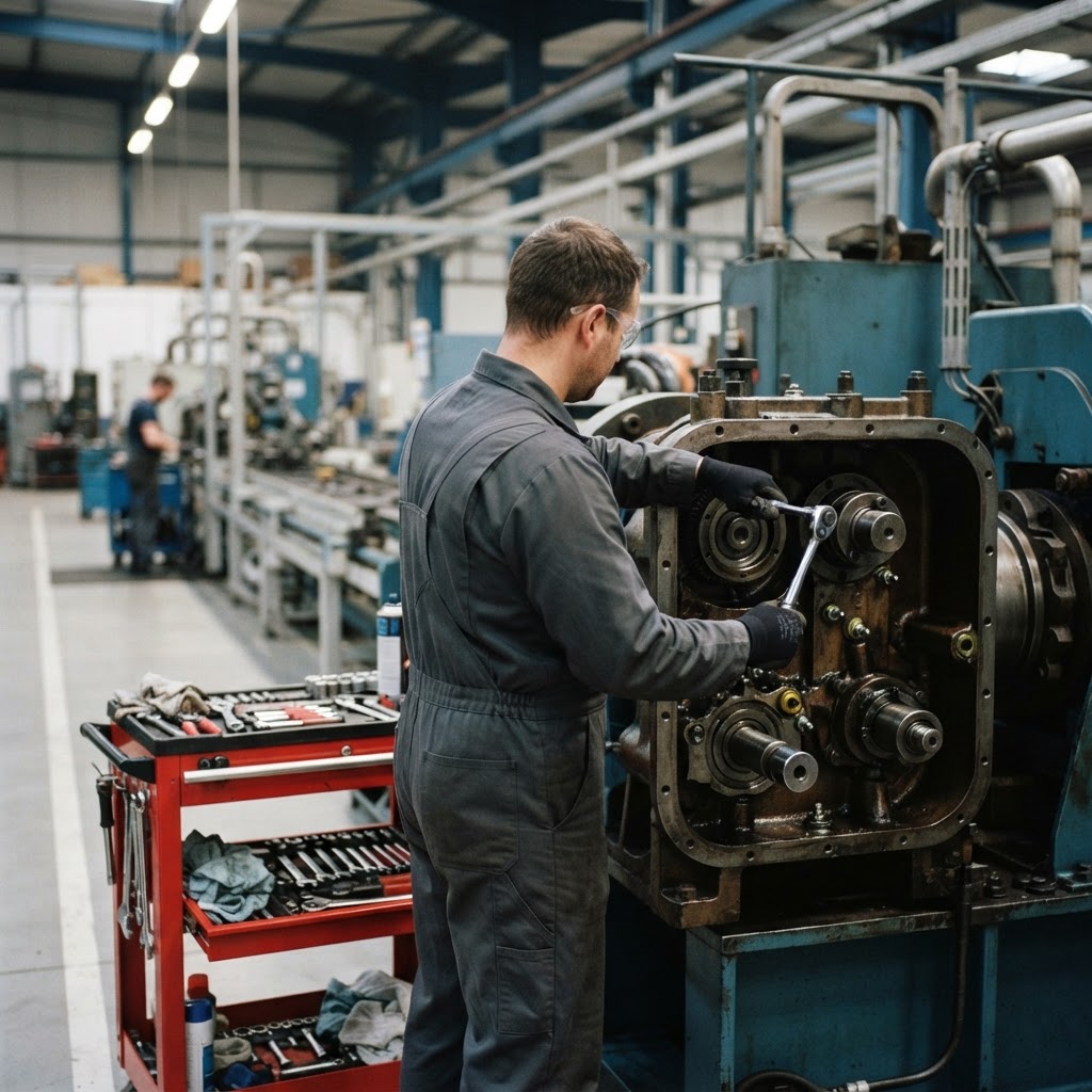 Mechanical fitter performing preventive maintenance on an industrial production machine