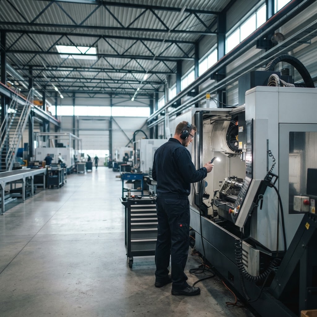 LTNB mechanical technician inspecting industrial machinery in a modern factory hall