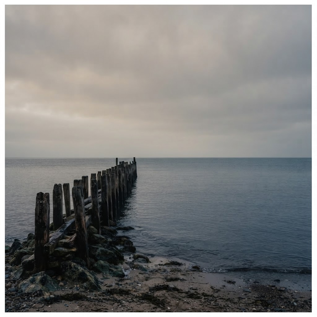 Weathered wooden breakwater pier at golden hour