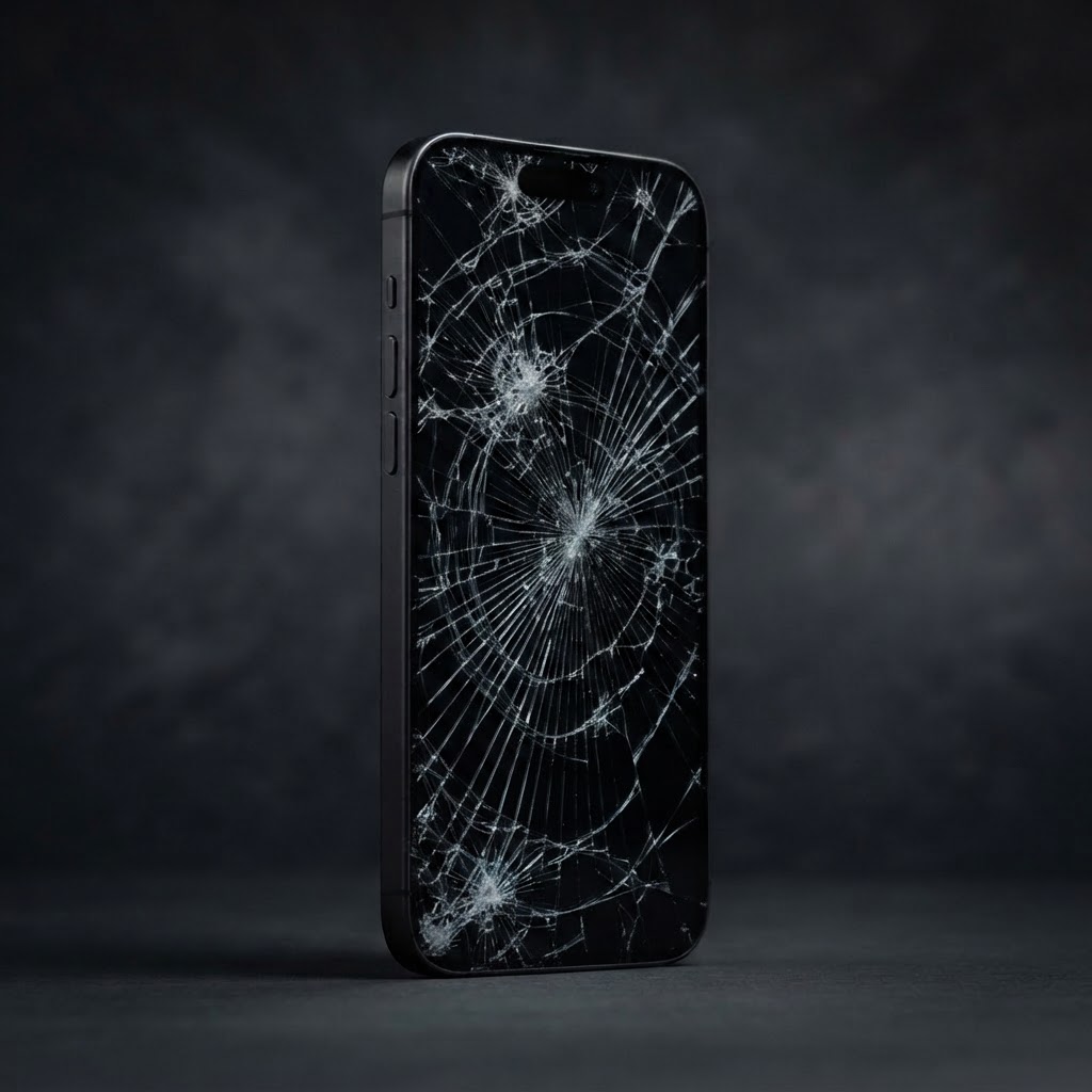 iPhone med knust skærm og lavt batteri