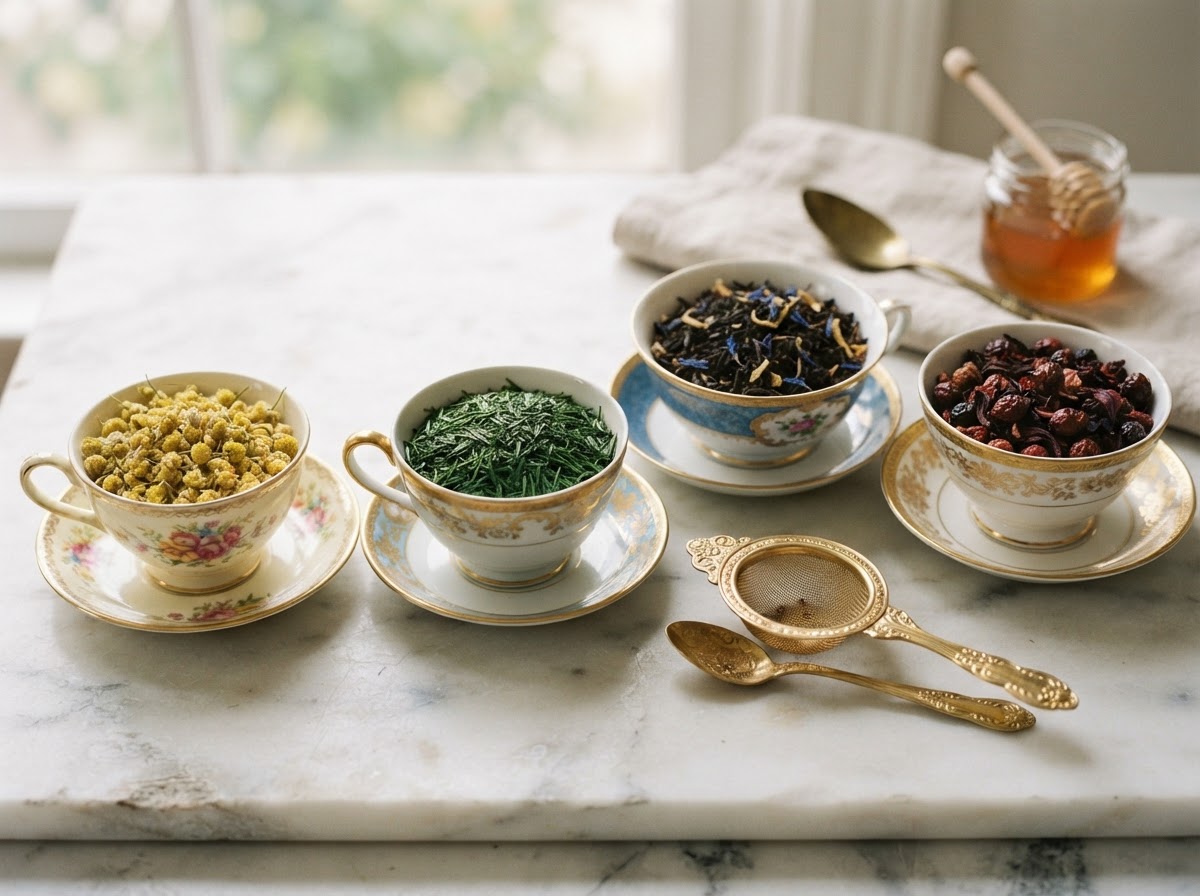 Selection of loose-leaf teas for a private tea tasting