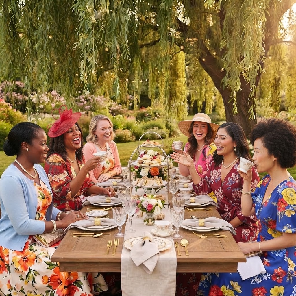 Diverse group of women celebrating at a long mobile tea-party table
