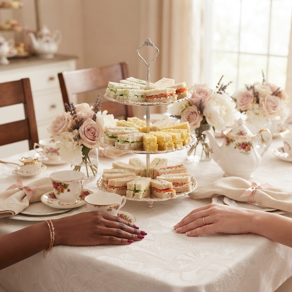 Beautifully set mobile tea-party table with a three-tier stand of sandwiches, scones, and desserts