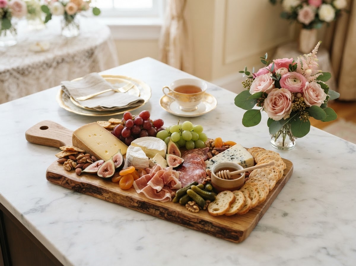 Artisan charcuterie board with cheese, fruit, and nuts