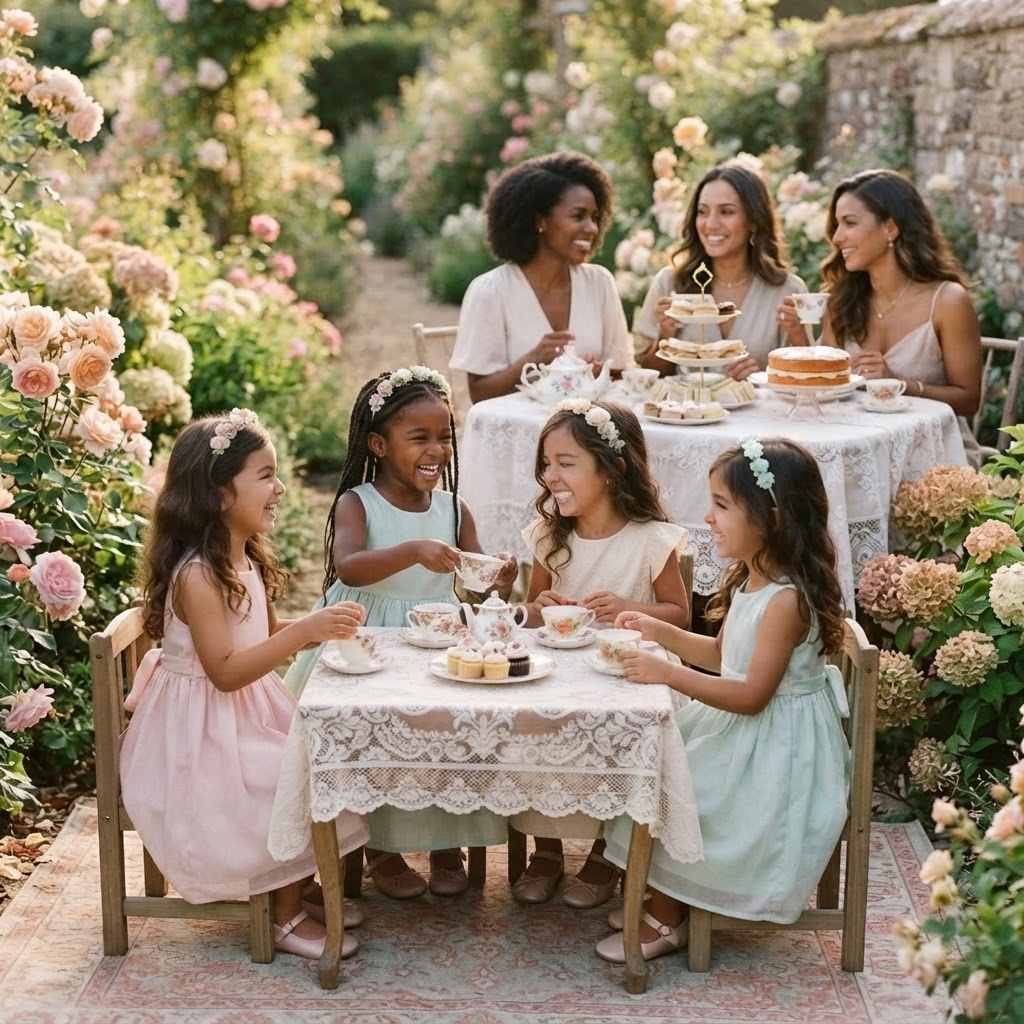 Family and friends gathered for a garden tea party around a beautifully set table