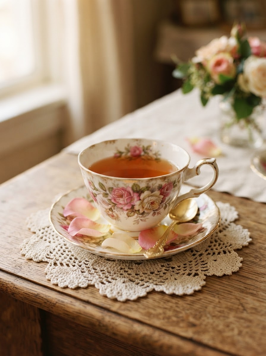 Vintage teacups with rose petals on a styled tea-party table