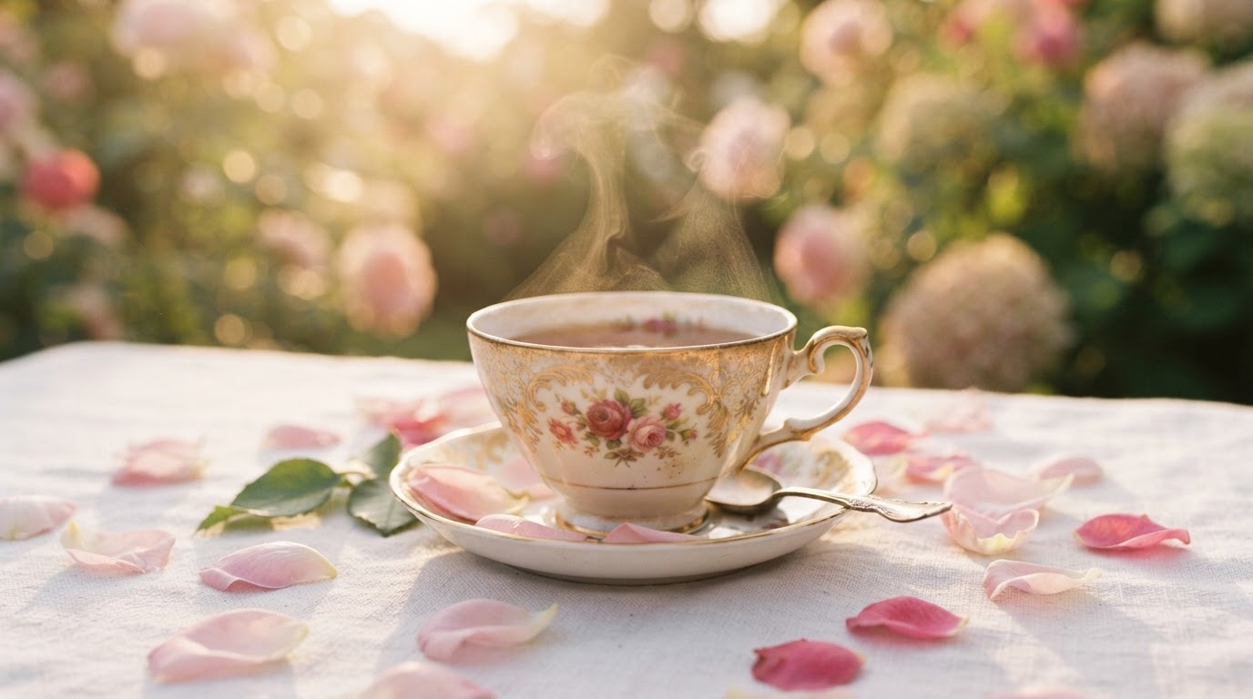 Elegant mobile tea-party table with vintage gold-rimmed teacup and fresh flowers