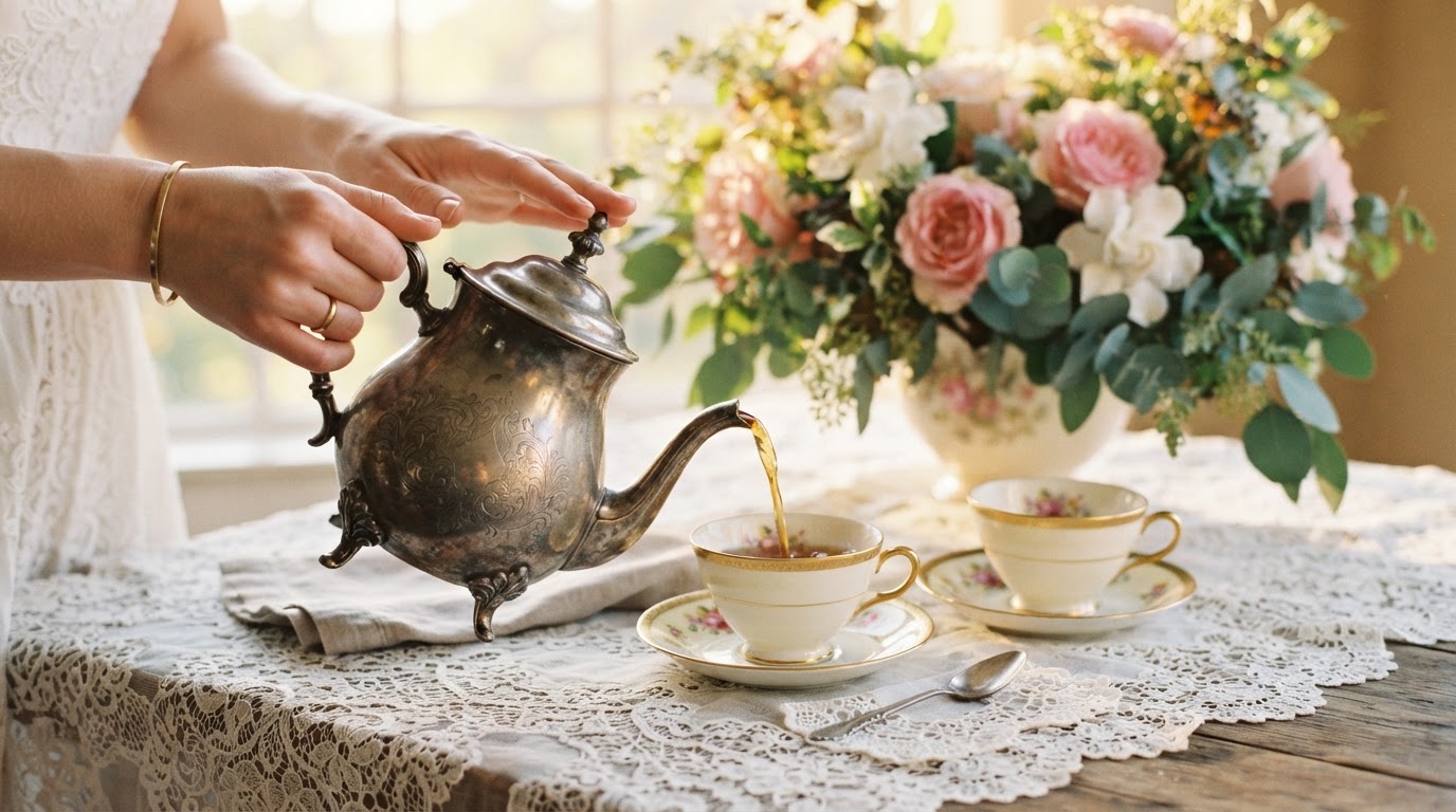 Tea being poured into vintage cups at an elegant mobile tea party