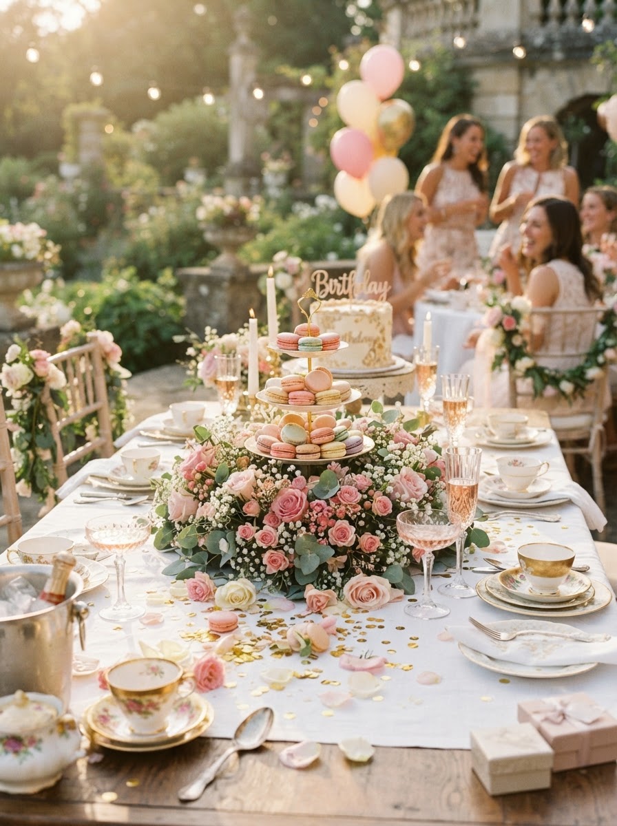 Birthday tea-party table with macarons and tiered treats