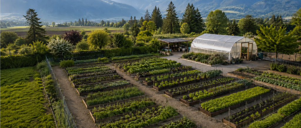 Aerial view of a small community market garden with raised beds and a greenhouse in the Fraser Valley
