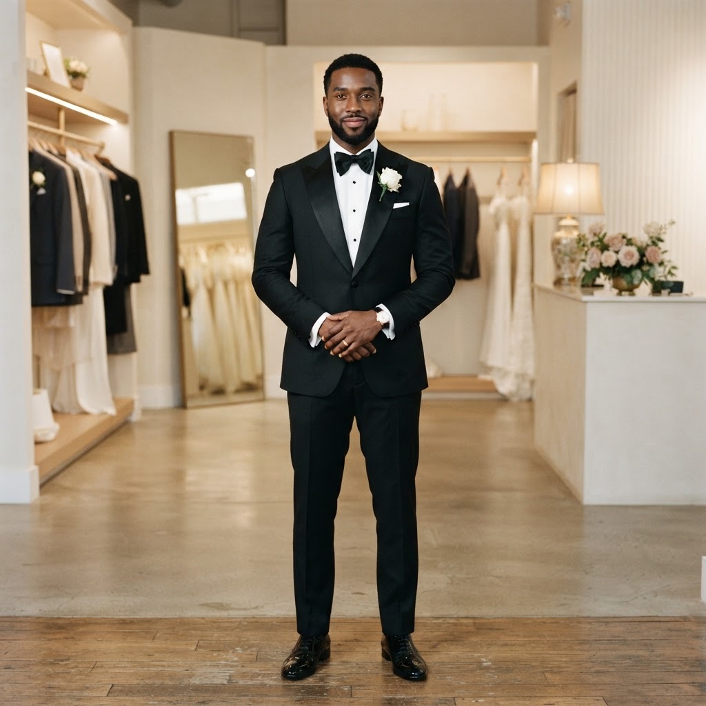 Elegant groom in a tailored black tuxedo in a luxury boutique