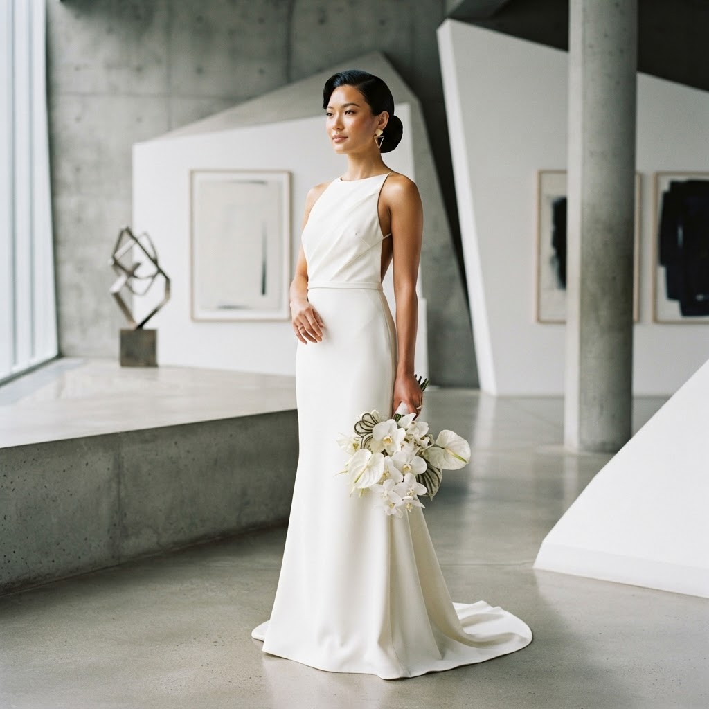 Asian bride in modern avant-garde wedding dress with sculptural draping
